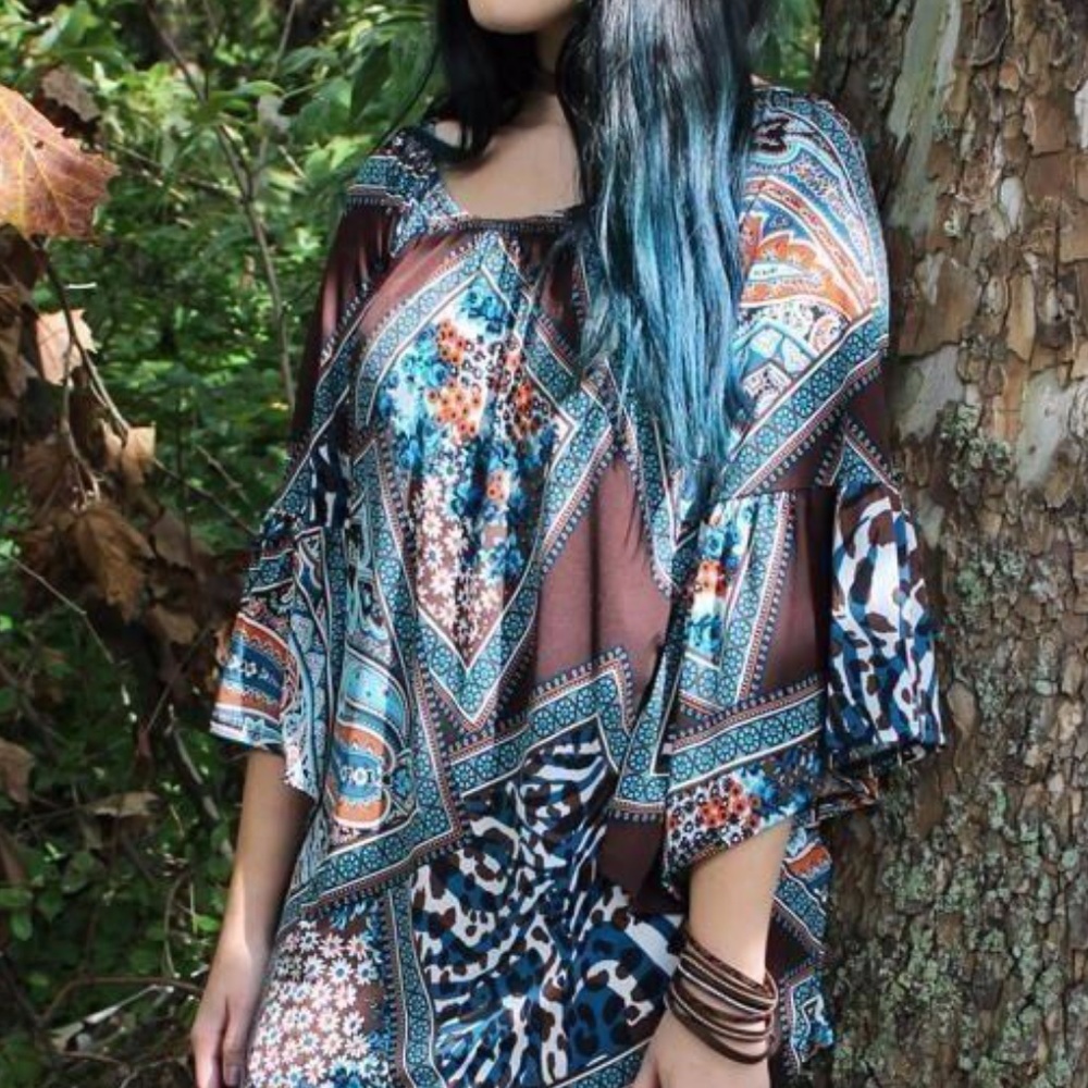 Brown and Teal 3/4 sleeve tunic top (2)